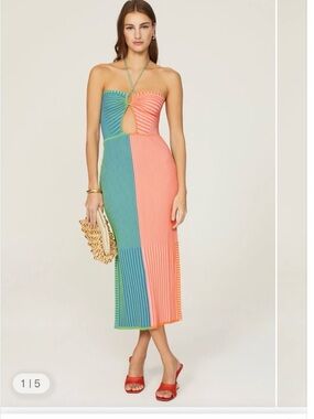 SOLID & STRIPED NWT Lisa  Plaited Coral Teal Pink Halter Midi Plunge Dress Sz M